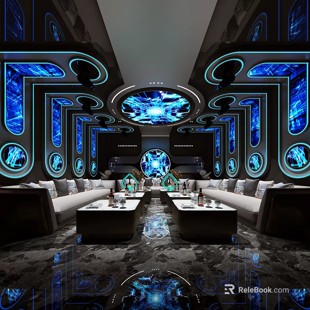 Modern KTV Interior Design With Neon Lights Comfortable Sofa And Large Screen 3d model
