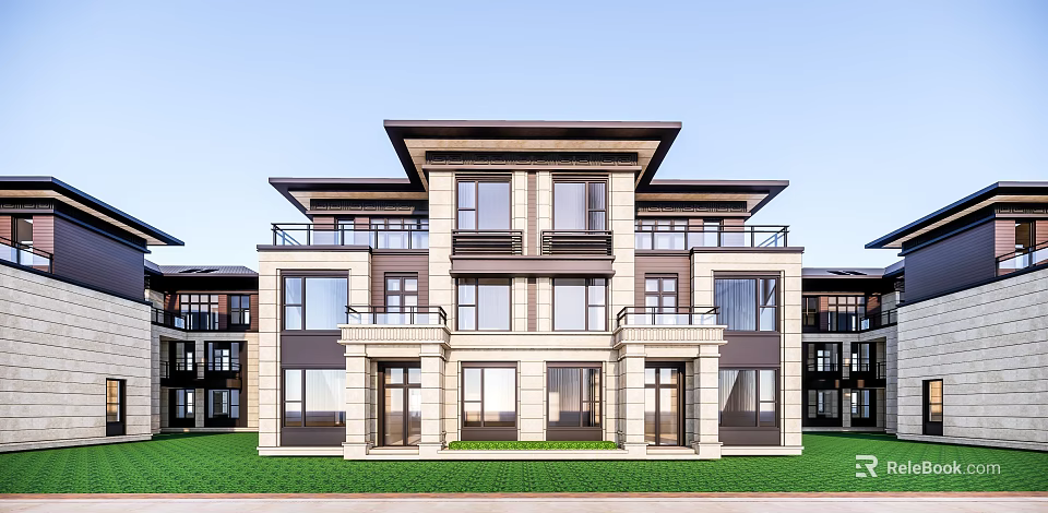 Modern Twin Villa Exterior Design With Stone Facade Large Windows And Lawn 3d model 