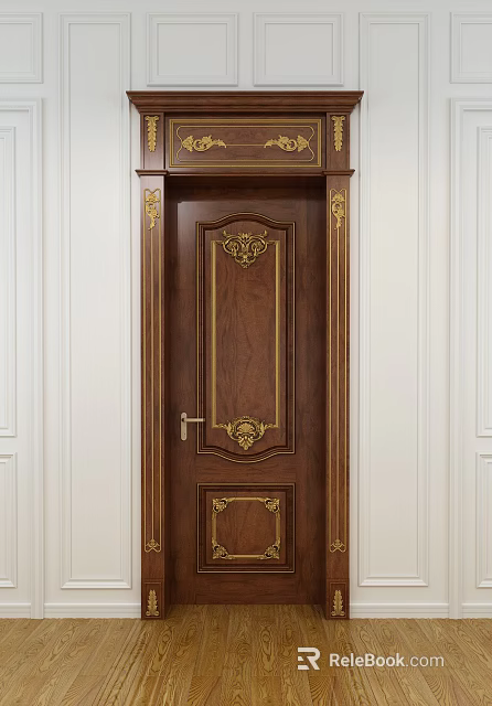 Elegant Brown Wooden Swing Door With Golden Carved Patterns And Classic Design 3d model 