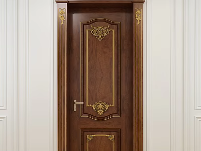 Elegant Brown Wooden Swing Door With Golden Carved Patterns And Classic Design 3d model