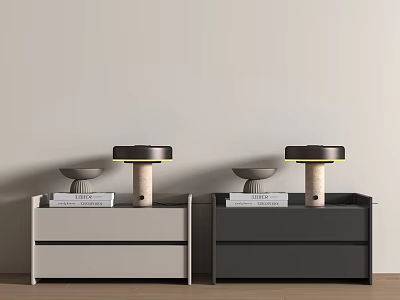 Two Modern Bedside Tables in Light and Dark Gray with Wooden Base Lamps and Books 3d model