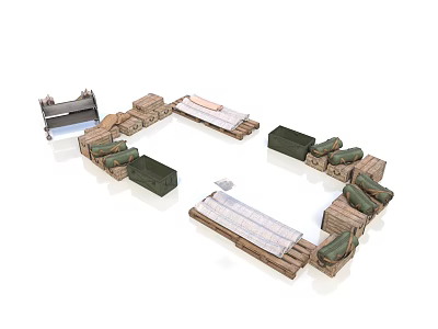 Wooden Pallets And Green Bags Storage Setup With Fabric Rolls Arrangement 3d model