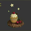 Delicious Cupcake With White Frosting Cherries And Star Decorations On Wooden Tray