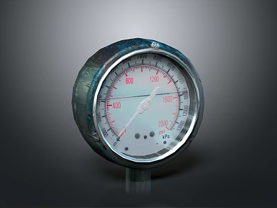 Circular Metal Casing Pressure Gauge With Red Scale And White Pointer 3d model