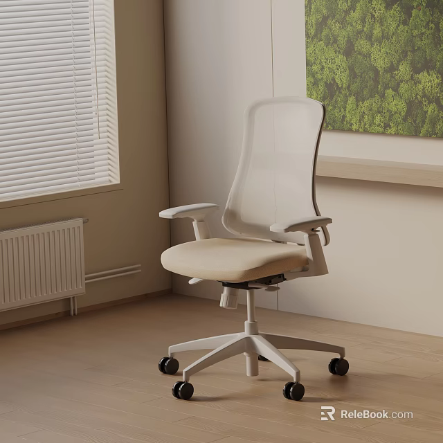 Modern White Mesh Back Office Chair With Beige Padded Seat Armrests And Wheels 3d model 