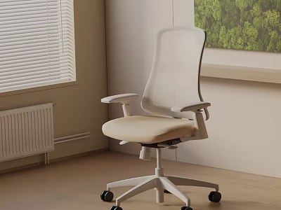 Modern White Mesh Back Office Chair With Beige Padded Seat Armrests And Wheels 3d model