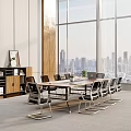 Modern Conference Room With Large Windows City View Long Table Chairs Wooden Cabinet And Carpet