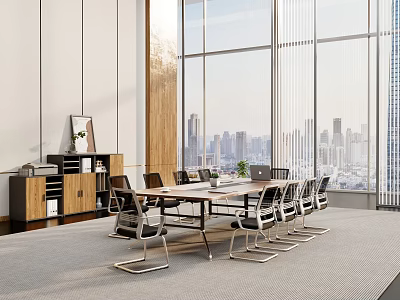 Modern Conference Room With Large Windows City View Long Table Chairs Wooden Cabinet And Carpet 3d model