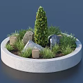 Circular Concrete Tree Planter With Central Tree Surrounding Plants And Stones 3d model