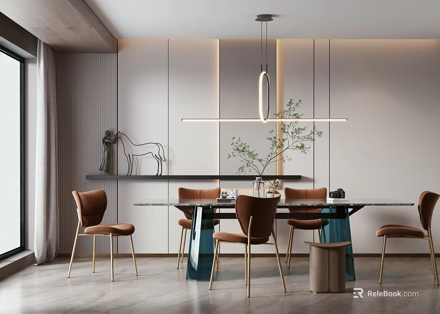 Modern Restaurant Interior Featuring Brown Chairs Gold Legged Dining Table Pendant Light Shelf And Plants 3d model 