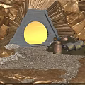 Underground Cave Entrance With Circular Portal Rock Walls And Metal Containers