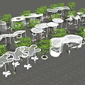 Modern White Pergola with Geometric Design Surrounded by Trees on Paved Outdoor Leisure Area