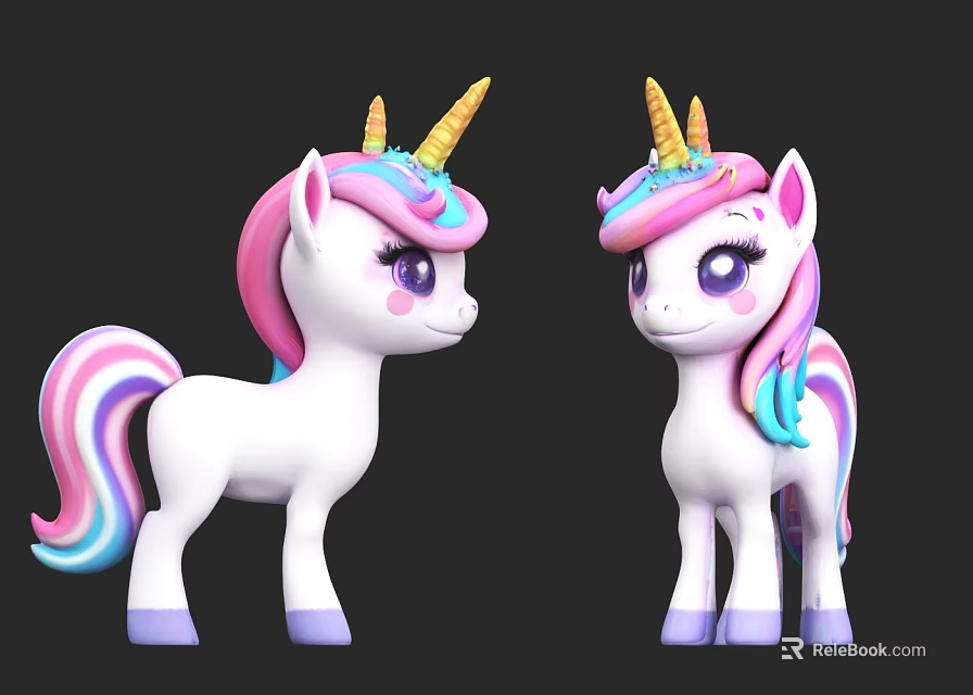 Cute Unicorn Toys With White Body Pink Blue Mane Tail Golden Horns And Purple Hooves 3d model