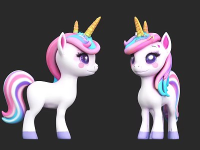 Cute Unicorn Toys With White Body Pink Blue Mane Tail Golden Horns And Purple Hooves 3d model