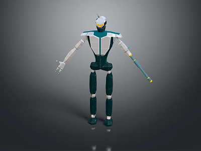 Futuristic Teal And White Game Movie Robot Character Holding Staff With Mechanical Design 3d model