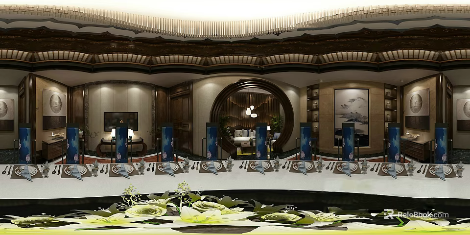 Traditional Chinese Restaurant Interior With Circular Arch Chandelier And Dining Table Setup 3d model 