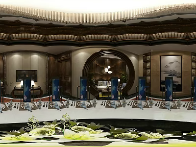 Traditional Chinese Restaurant Interior With Circular Arch Chandelier And Dining Table Setup 3d model