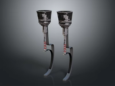 Pair Of Black Industrial Equipment With Red Striped Components And Base Stands 3d model