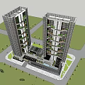 Modern Twin High Rise Tower Buildings With Green Plant Balconies And Urban Architectural Design