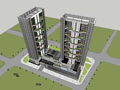 Modern Twin High Rise Tower Buildings With Green Plant Balconies And Urban Architectural Design 3d model