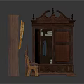 Architectural Interior With Dark Wooden Paneling Golden Framed Paintings Carved Armoire And Wooden Chairs