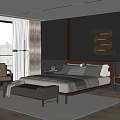 Modern Bedroom With King Size Bed Gray Bedding Wooden Frame Accent Chair And Area Rug