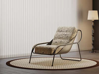 Comfortable Patterned Lounge Chair With Metal Frame On Round Rug Near Floor Lamp White Blinds 3d model