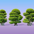 Pruned Arbor Trees With Rounded Green Foliage Against Blue Sky And Purple Ground