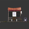Bus Stop Featuring Red Awning Bench Stone Pavement Lamp Post With Sign And Trash Can