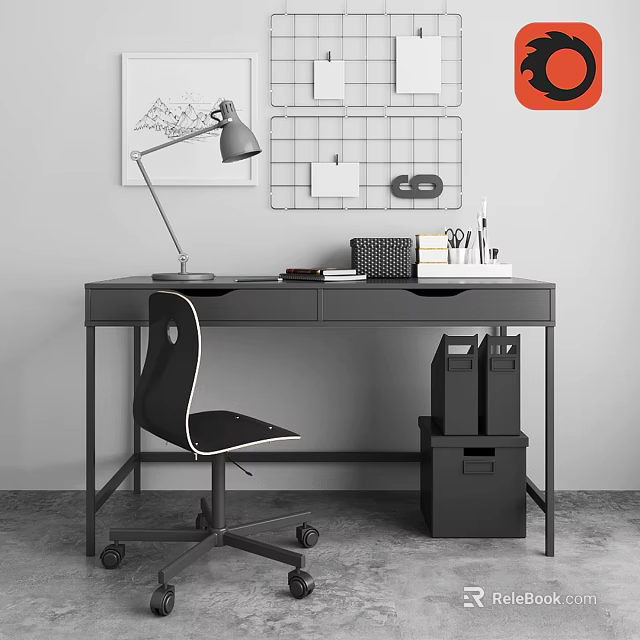 Modern Office Desk And Chair Setup With Table Lamp Grid Organizer File Folders 3d model 
