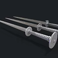 Three Silver Swords with Intricate Patterned Hilts and Long Sharp Blades on Black Background