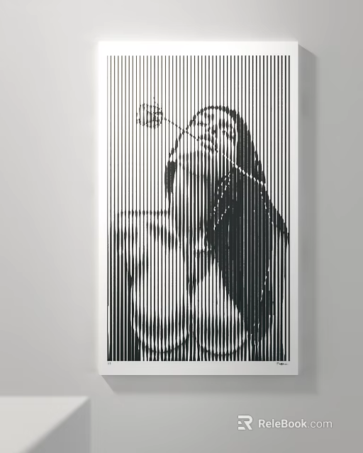 Black and White Line Art Figure Painting Tilted Head Hand on Chin Vertical Lines Decorative Element 3d model 