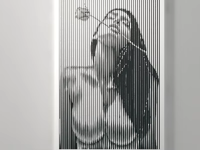 Black and White Line Art Figure Painting Tilted Head Hand on Chin Vertical Lines Decorative Element 3d model