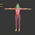Woman Standing With Arms Outstretched In Pink Top Blue Jeans And Gray Background