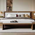 Modern Chinese Bedroom Interior With Wooden Bed Nightstands Table Lamps And Wall Painting