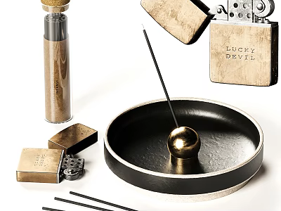 Elegant Decorative Ornament Set with Black Tray Golden Ball Incense Sticks and Wooden Lighters 3d model