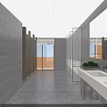 Modern Other Restroom Interior With Wooden Lattice Partition Green Plants And Vanity Cabinet