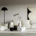 Modern Minimalist White Sofa and Coffee Table Set with Marble Top Decorative Items Abstract Painting and Floor Lamp