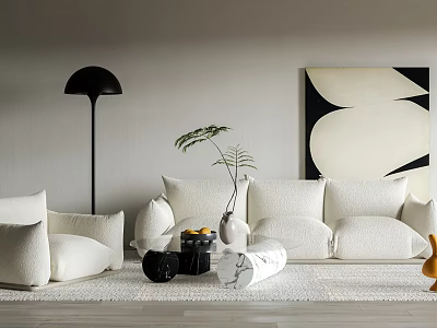 Modern Minimalist White Sofa and Coffee Table Set with Marble Top Decorative Items Abstract Painting and Floor Lamp 3d model
