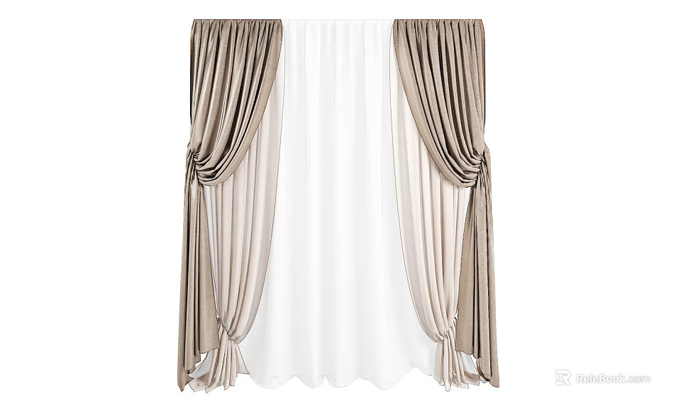 Elegant Draped Beige Curtains With Tied Back Design And White Sheer Panels 3d model 