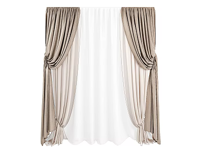 Elegant Draped Beige Curtains With Tied Back Design And White Sheer Panels 3d model