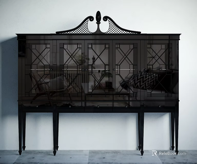 Elegant Black Entryway Side Cabinet With Glass Doors And Decorative Top Design 3d model 
