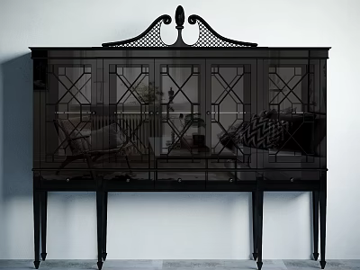 Elegant Black Entryway Side Cabinet With Glass Doors And Decorative Top Design 3d model