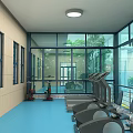 Gym Building with Glass Structure and Indoor Workout Equipment Surrounded by Green Trees