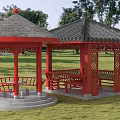 Ancient Chinese Red Pavilions With Carved Railings Thatch And Tile Roofs On Green Lawn
