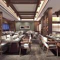 Traditional Oriental Restaurant Interior With Wooden Ceiling Open Buffet Counter And Decorative Backdrop