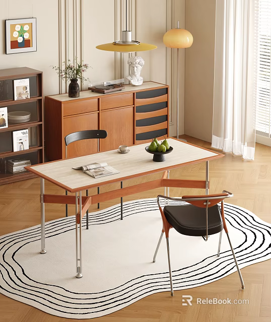 Modern Dining Table Set With Chairs Magazine Green Fruits And Side Cabinet 3d model 
