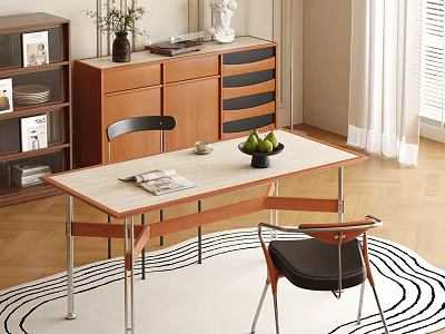Modern Dining Table Set With Chairs Magazine Green Fruits And Side Cabinet 3d model