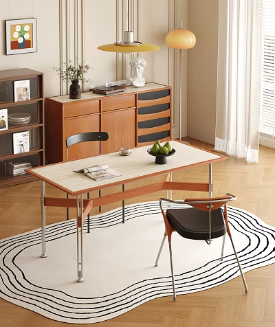 Modern Dining Table Set With Chairs Magazine Green Fruits And Side Cabinet 3d model
