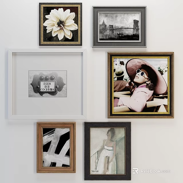 Various Photo Frames in Different Styles Hanging on White Wall 3d model 